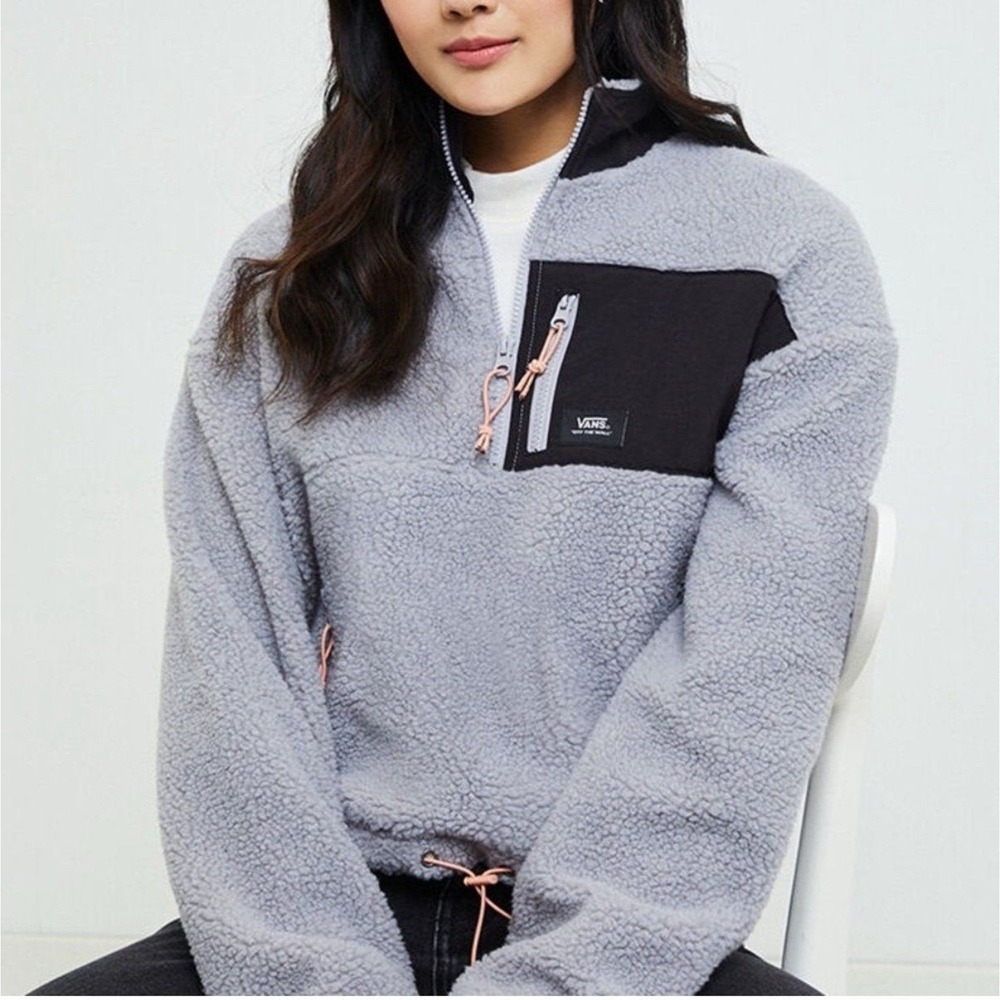 Vans‎ Womens Gray Sherpa Fleece Quarter Zip Cropped Pullover Jacket XS Lavender